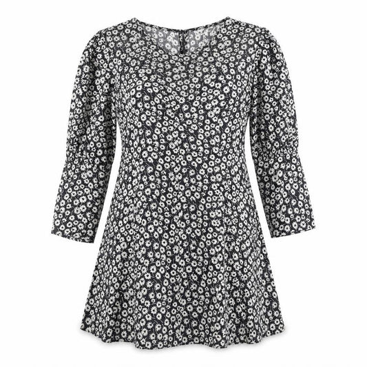 Front view of Topshop women’s black floral polyester a-line, size UK 10, round neck zip