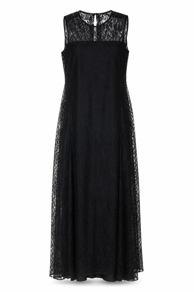 Front view of Young Mayfair women’s black polyester maxi, size UK 8, round neck zip