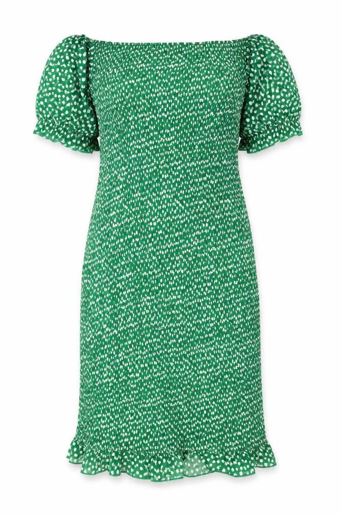 Preworn Womens Green Floral Polyester A-Line One Size Off the Shoulder Pullover - Shirred