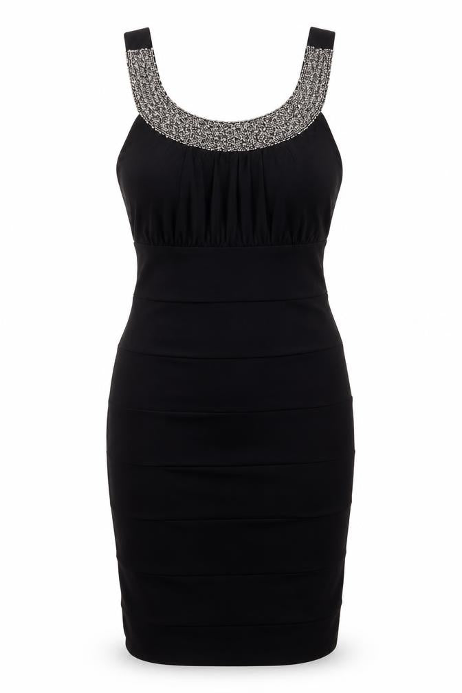Front view of Scarlett Nite women’s black polyester bodycon, size UK 12, scoop neck pullover
