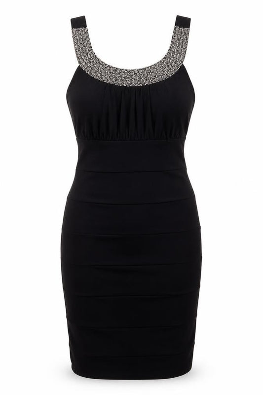 Front view of Scarlett Nite women’s black polyester bodycon, size UK 12, scoop neck pullover