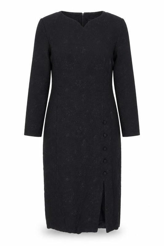 Front view of Casual Corner women’s black floral polyester a-line, size UK 12, boat neck zip