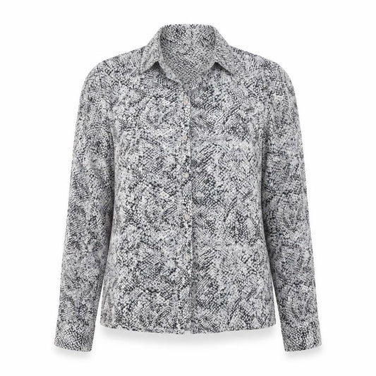 Front view of Hillard & Hanson women’s multicoloured animal print polyester basic button-up, size M, collared - snake print