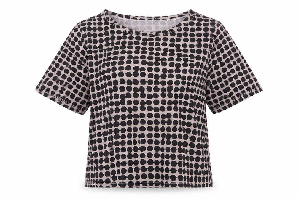 Front view of UT women’s pink geometric 100% cotton basic t-shirt, size M, boat neck