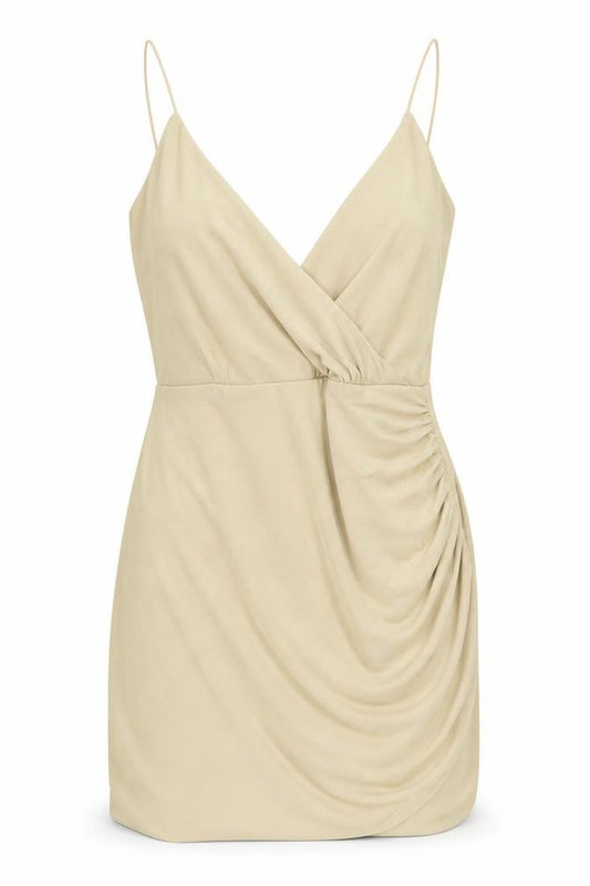 Front view of Boohoo women’s beige polyester mini, size UK 10, v-neck pullover