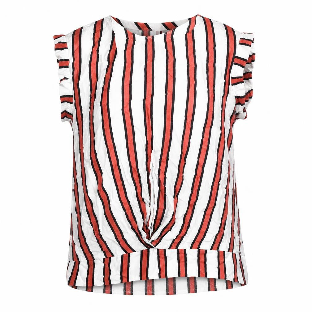 Front view of Next women’s multicoloured striped viscose basic tank, size UK 8, round neck