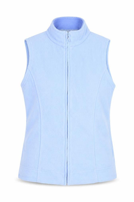 Front view of EWM women’s blue gilet jacket, size S, zip