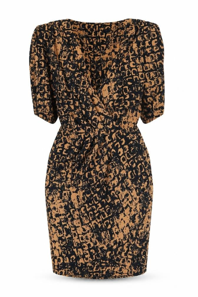 Front view of Topshop women’s brown geometric polyester sheath, size UK 8, v-neck pullover
