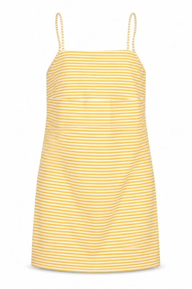 Front view of Zara women’s yellow striped polyester slip dress, size M, square neck pullover