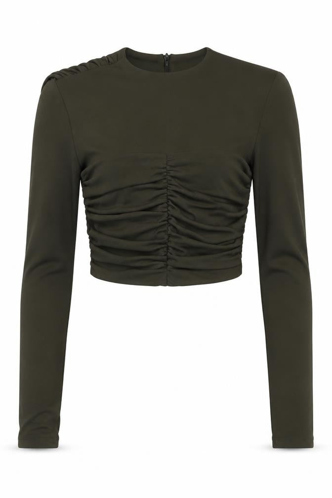 Front view of Zara women’s green polyester cropped blouse, size S, square neck