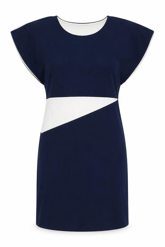Front view of VAXO women’s blue geometric polyester shift, size S, round neck pullover