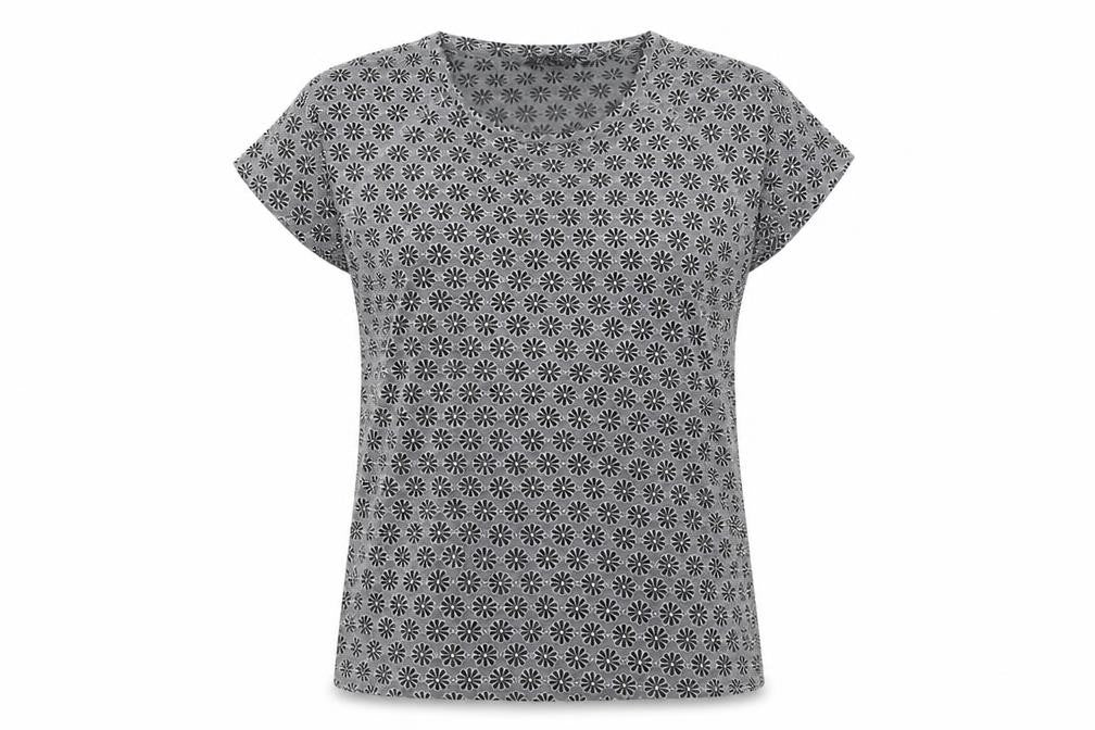 Front view of New Look women’s grey geometric polyester basic t-shirt, size UK 10, round neck