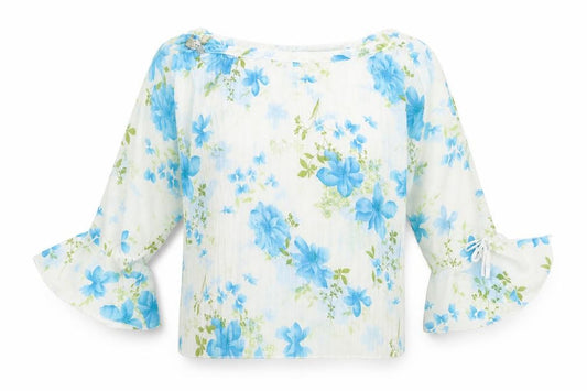 Front view of Best women’s ivory floral polyester basic blouse, size L, round neck
