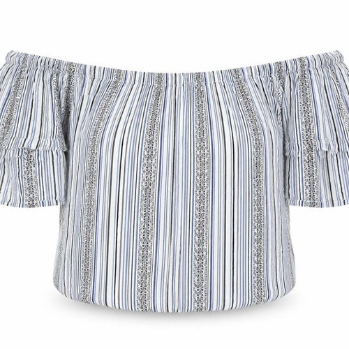 New Look Womens Blue Striped Polyester Cropped T-Shirt Size 8 Off the Shoulder