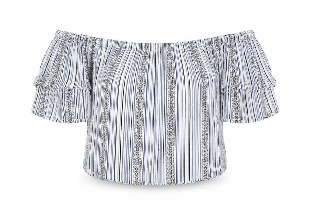 New Look Womens Blue Striped Polyester Cropped T-Shirt Size 8 Off the Shoulder