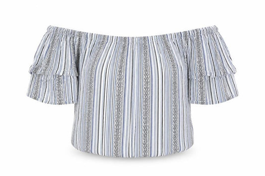 Front view of New Look women’s blue striped polyester cropped t-shirt, size UK 8, off the shoulder