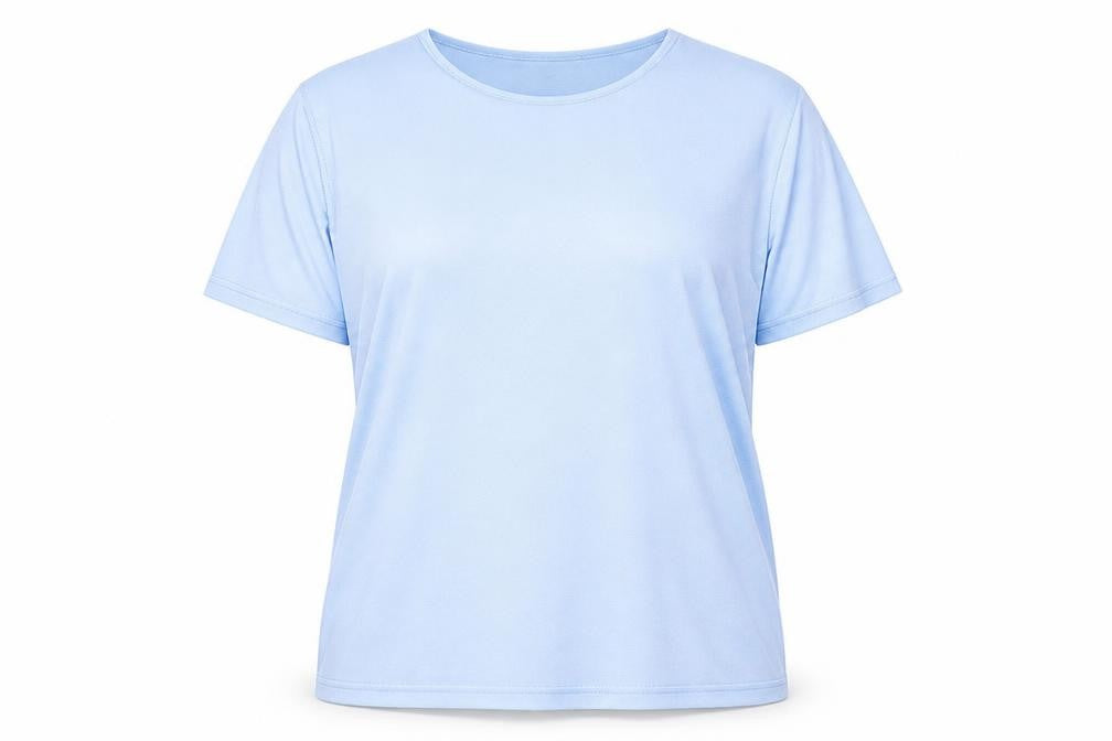 Front view of Xposure women’s blue nylon basic t-shirt, size L, round neck