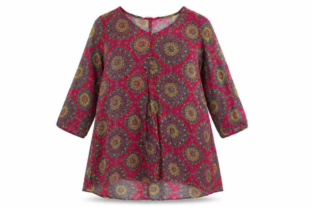 Front view of Jnojska women’s pink geometric polyester a-line, size M, v-neck pullover