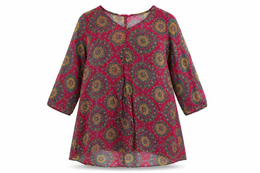 Front view of Jnojska women’s pink geometric polyester a-line, size M, v-neck pullover