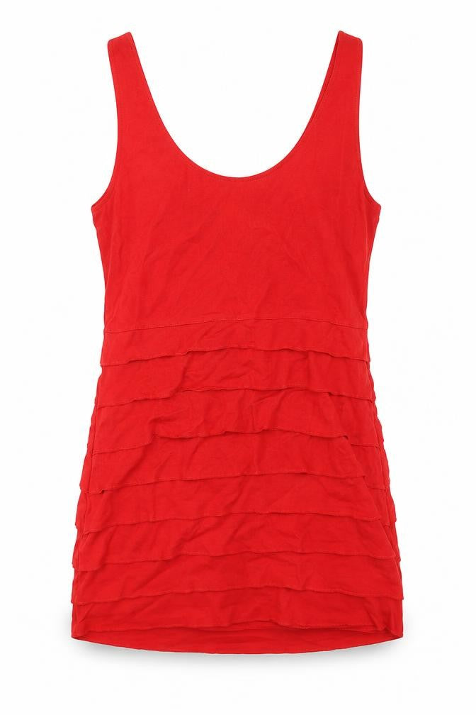 Front view of H&M women’s red viscose bodycon, size L, scoop neck pullover