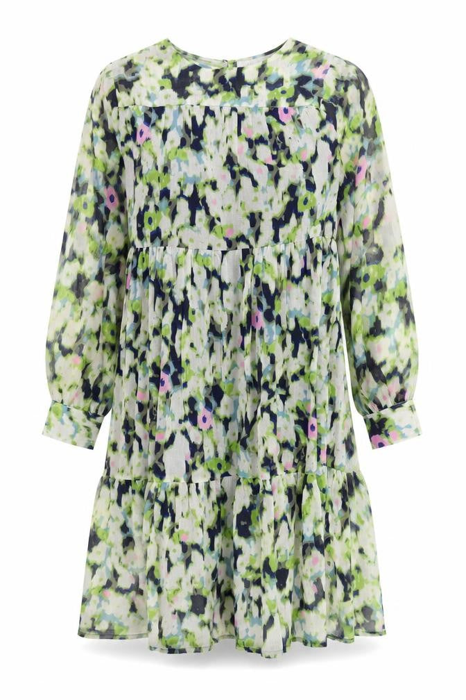 Front view of ICHI women’s multicoloured geometric polyester fit & flare, size UK 6, round neck button
