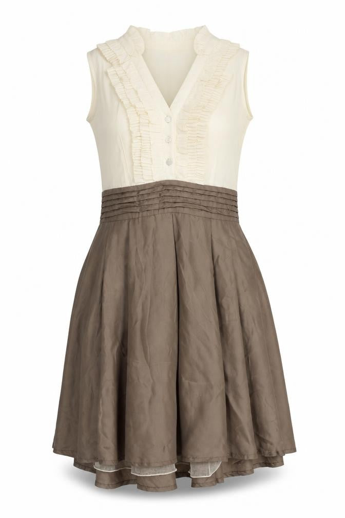 Front view of Fumblin Foe women’s brown polyester fit & flare, size L, v-neck button