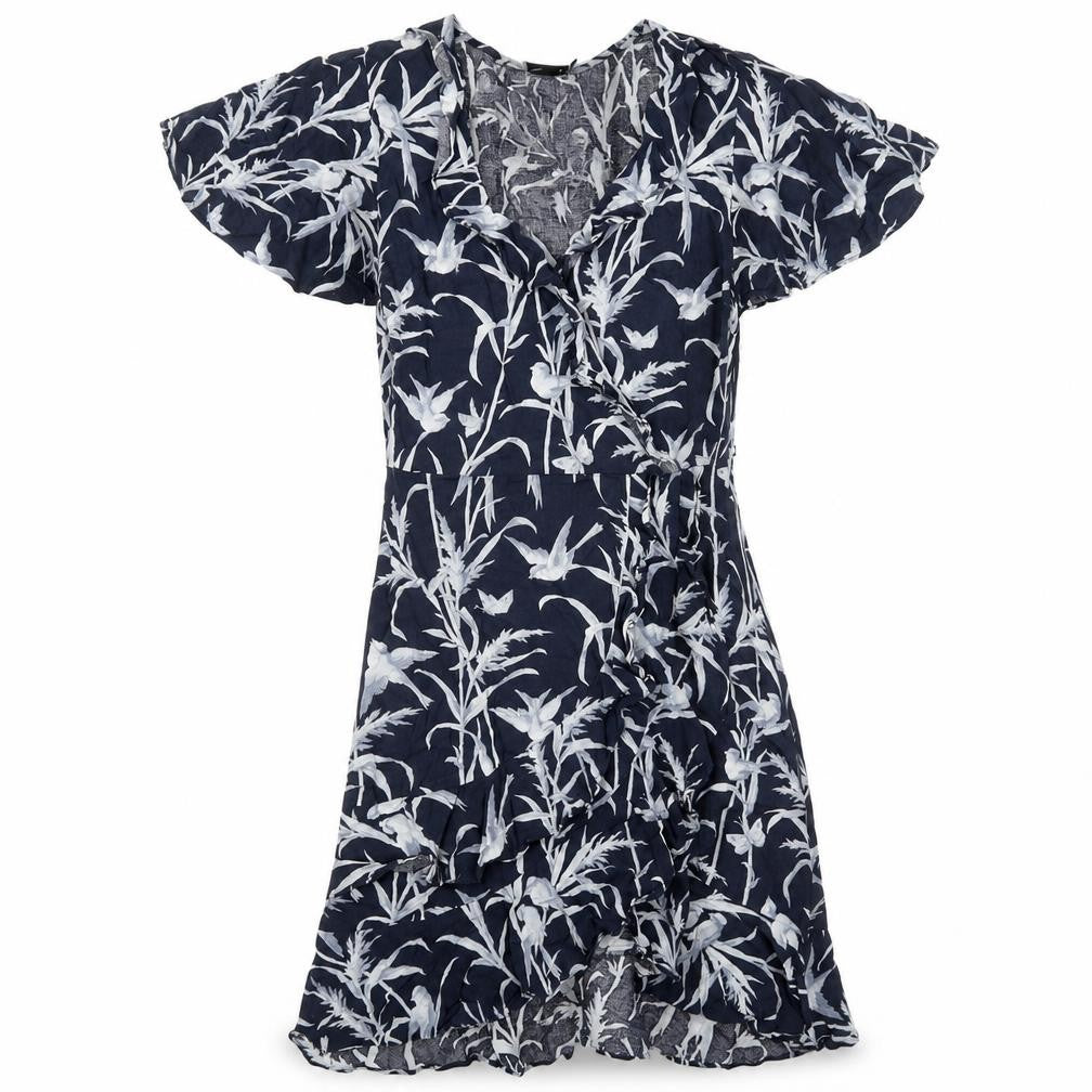 Front view of Oasis women’s blue geometric viscose fit & flare, size UK 8, v-neck pullover - bird pattern