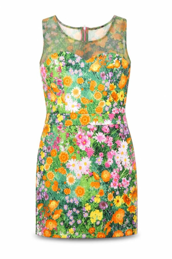 Front view of River Island women’s multicoloured floral viscose a-line, size UK 14, round neck zip