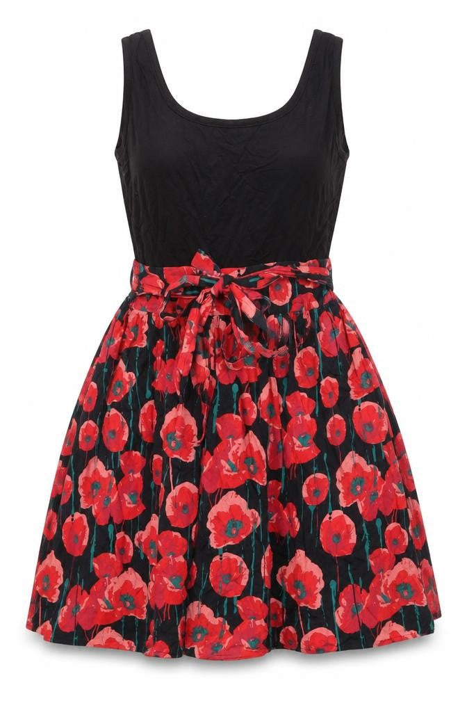 Apricot Womens Red Floral Viscose Skater Dress Size XS Round Neck Tie