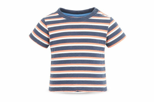 Front view of Primark boys’ multicoloured striped 100% cotton basic t-shirt, size 3-6, months round neck button