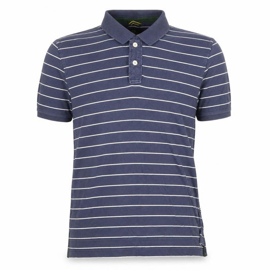 Front view of Racing Green men’s blue striped 100% cotton polo, size L, collared button