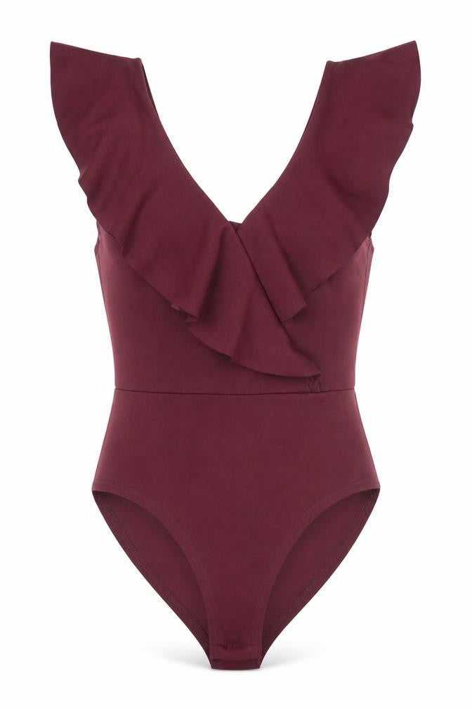 Front view of New Look women’s red polyester bodysuit one-piece, size UK 8, snap