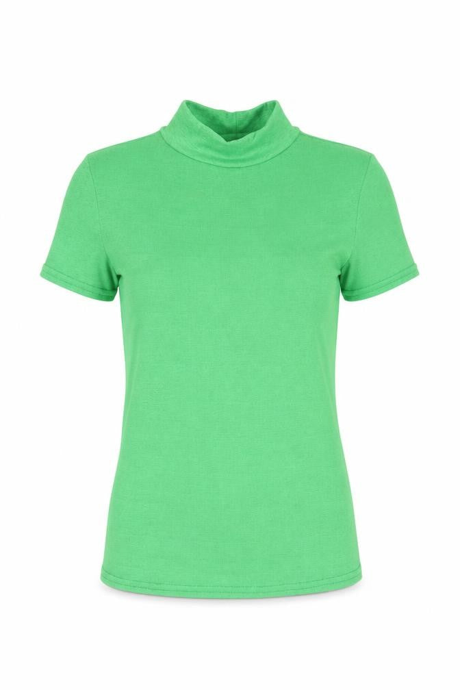 Front view of River Island women’s green polyester basic t-shirt, size UK 10, mock neck