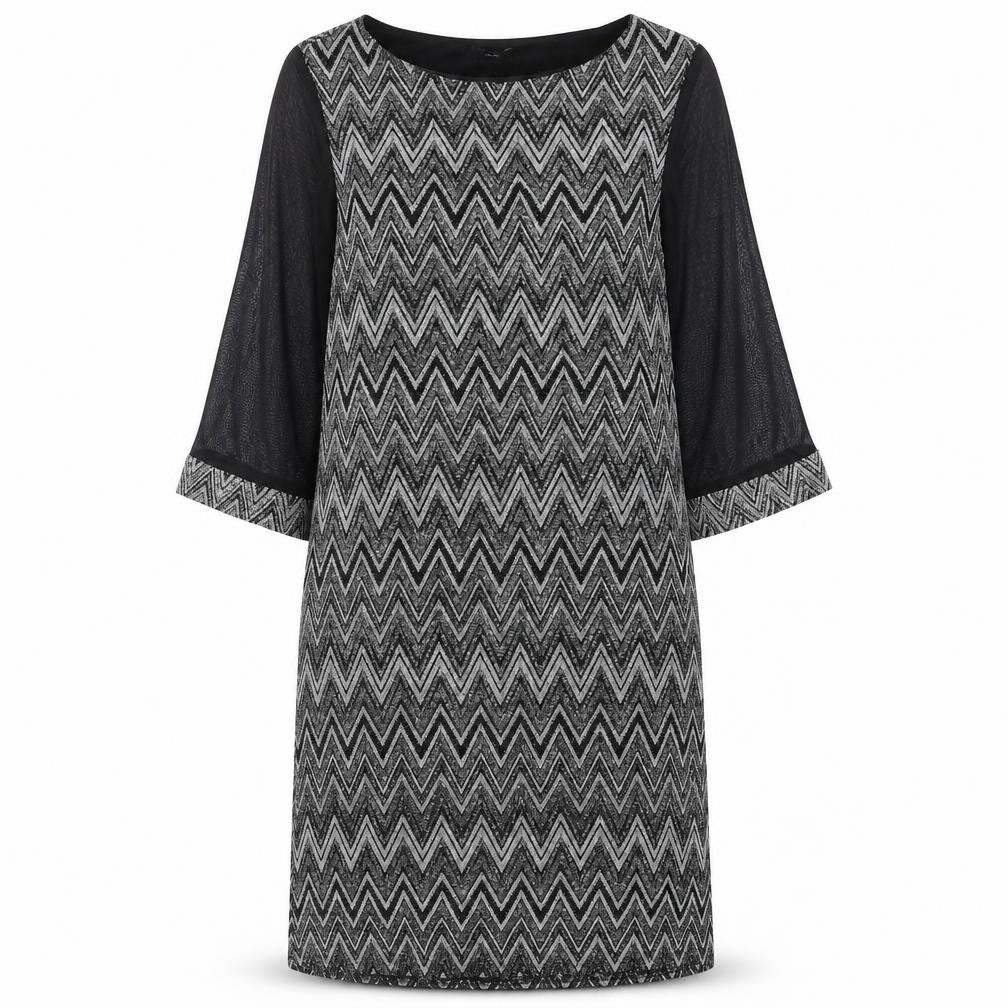 Front view of M&Co women’s black geometric nylon shift, size UK 14, round neck pullover