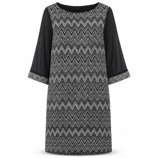Front view of M&Co women’s black geometric nylon shift, size UK 14, round neck pullover