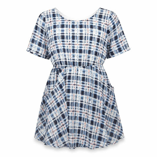 Front view of Max C women’s blue geometric polyester a-line, size UK 12, round neck pullover