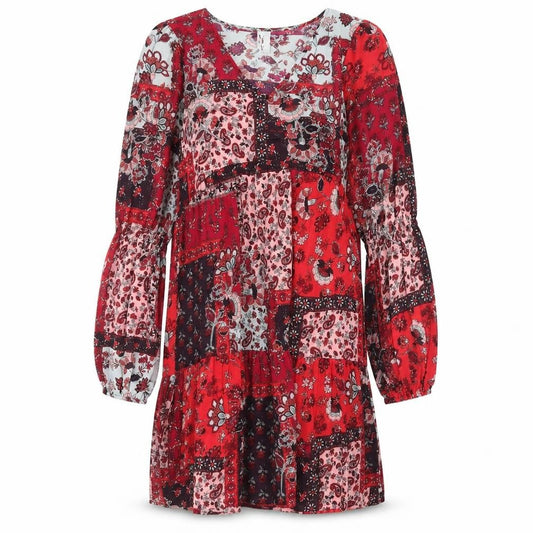 Front view of Violet Romance women’s red floral polyester a-line, size UK 8, v-neck pullover - patchwork