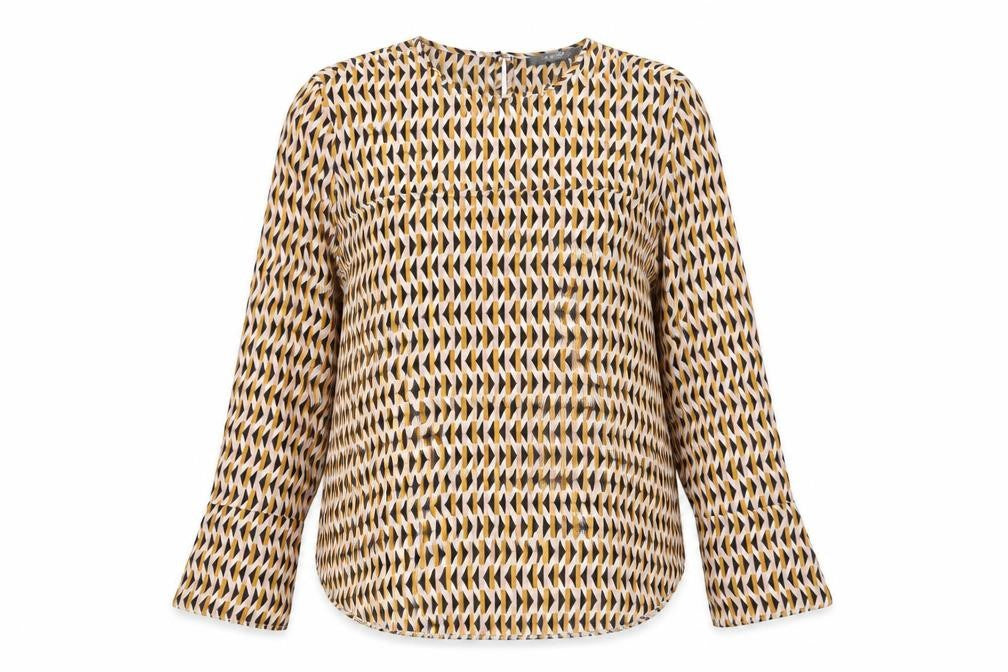 Front view of Primark women’s orange geometric polyester basic blouse, size UK 10, round neck
