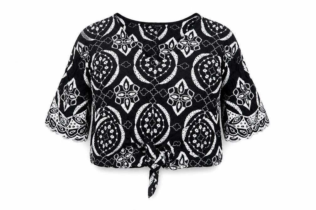 Front view of River Island women’s black geometric cotton basic blouse, size UK 10, v-neck