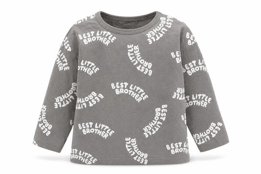 Front view of H&M boys’ grey geometric cotton basic t-shirt, size 9-12, months round neck button - best little brother