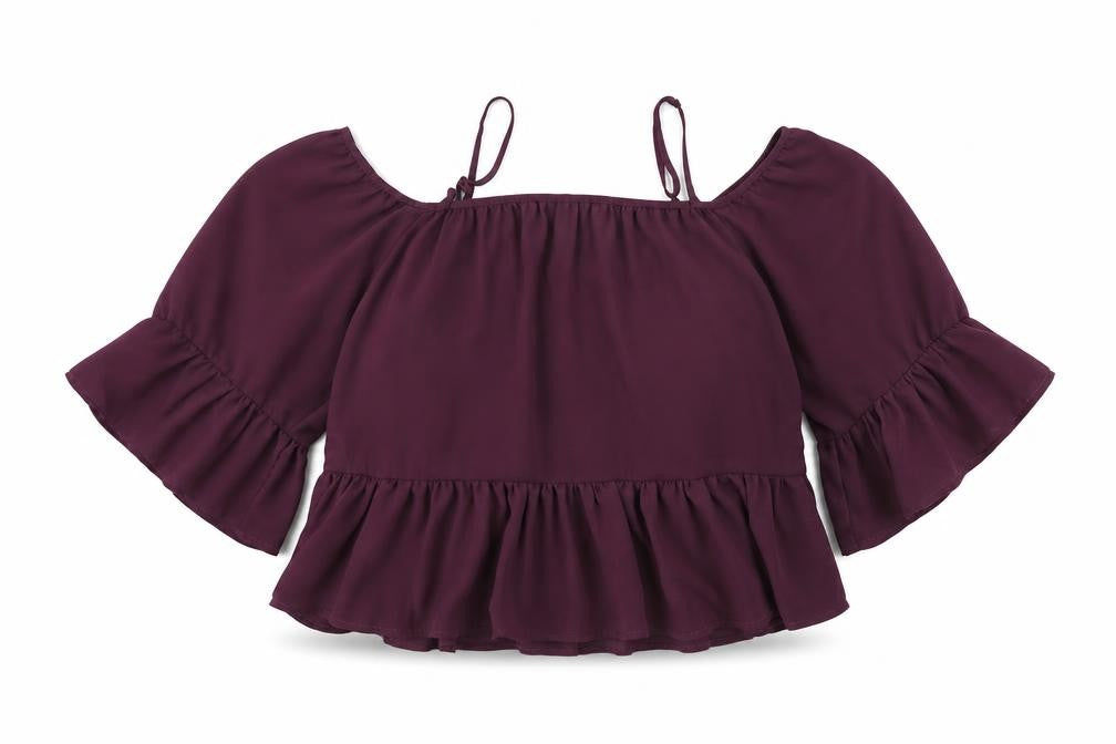 Front view of H&M women’s purple polyester cropped blouse, size UK 6, off the shoulder - cold shoulder