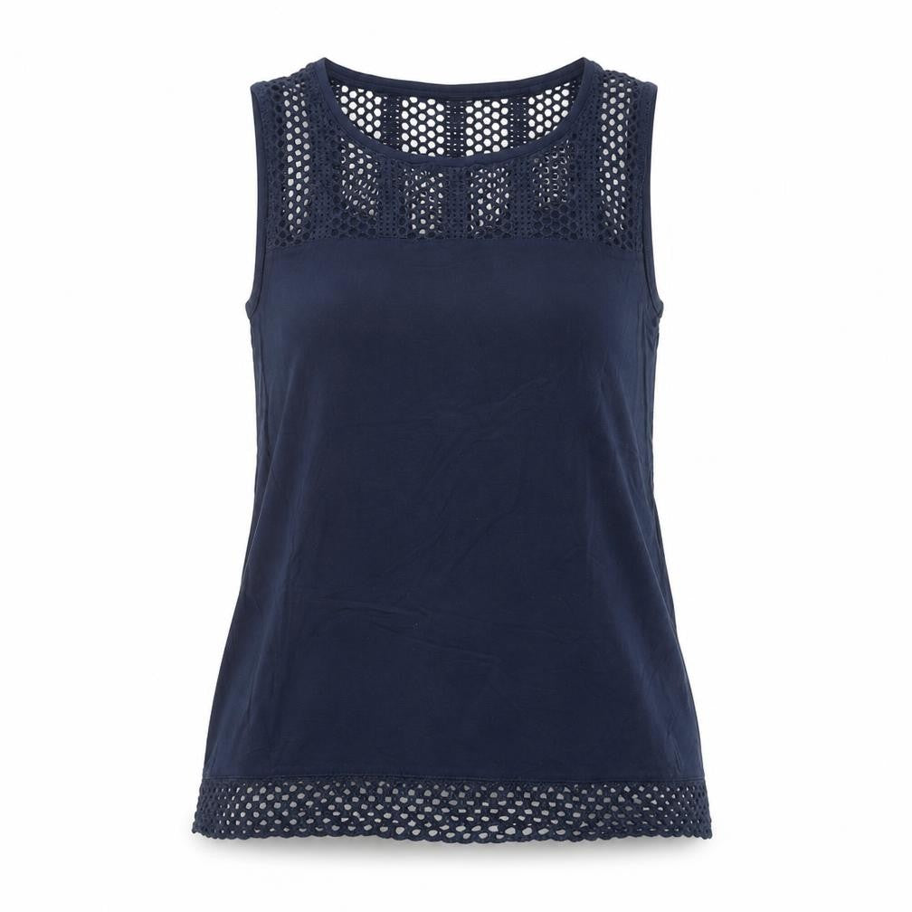 Front view of ESMARA women’s blue viscose basic tank, size S, round neck