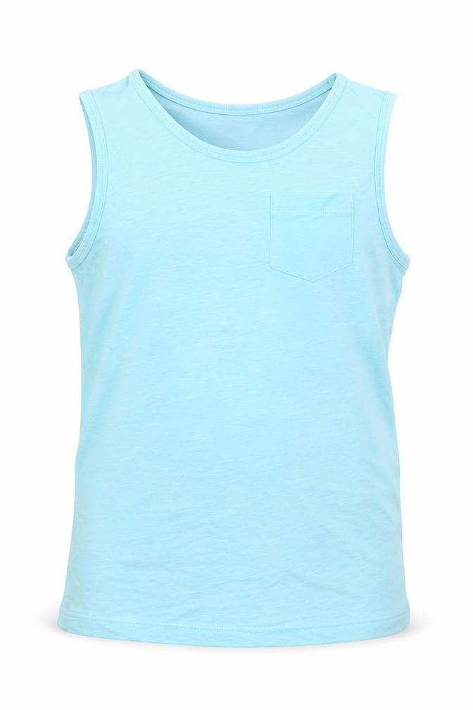 Front view of Next boys’ blue cotton basic tank, size 9, years scoop neck pullover