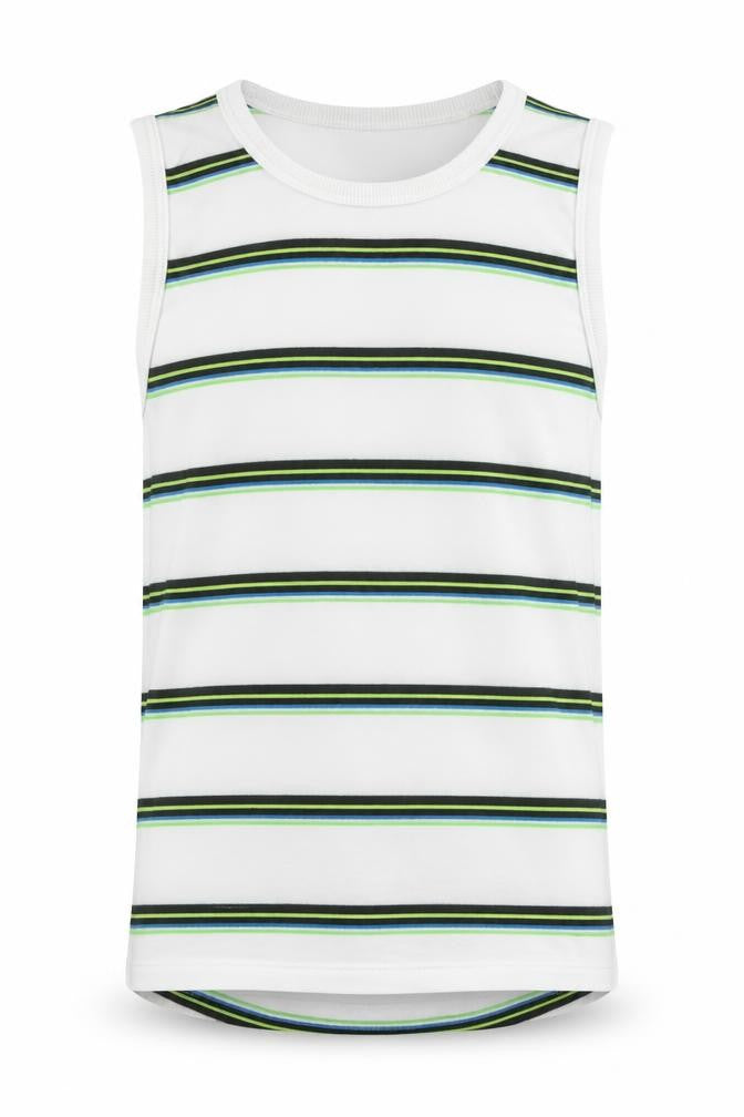 Front view of Next boys’ white striped cotton basic tank, size 10, years scoop neck pullover