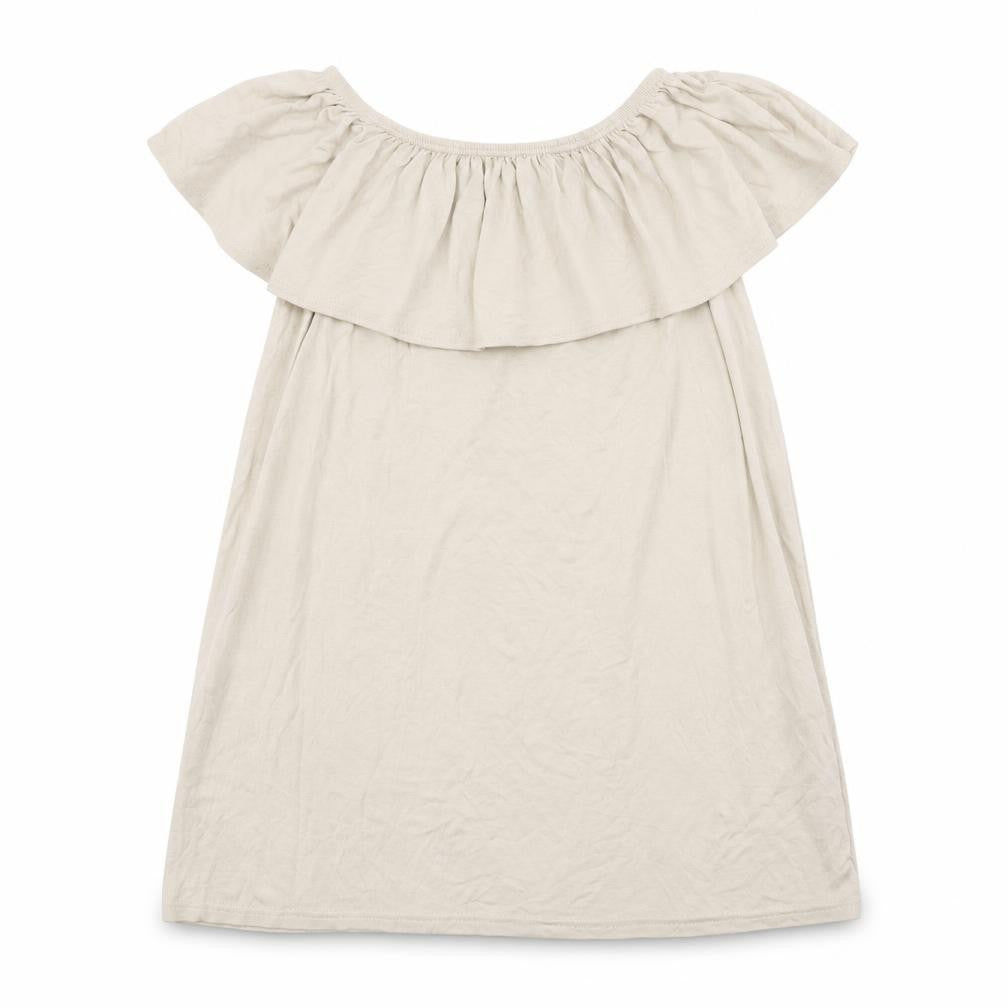 Front view of Boohoo women’s beige viscose shift, size UK 10, off the shoulder pullover