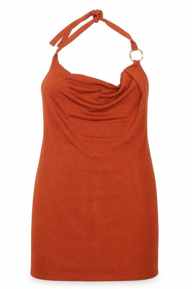 Front view of Topshop women’s orange polyester bodycon, size UK 14, halter tie