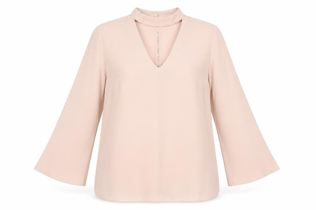 Front view of Papaya women’s pink polyester basic blouse, size UK 12, v-neck