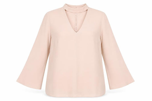 Front view of Papaya women’s pink polyester basic blouse, size UK 12, v-neck
