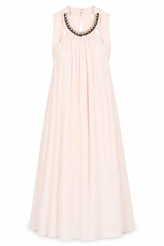 Front view of ASOS women’s pink viscose fit & flare, size UK 12, round neck hook & eye