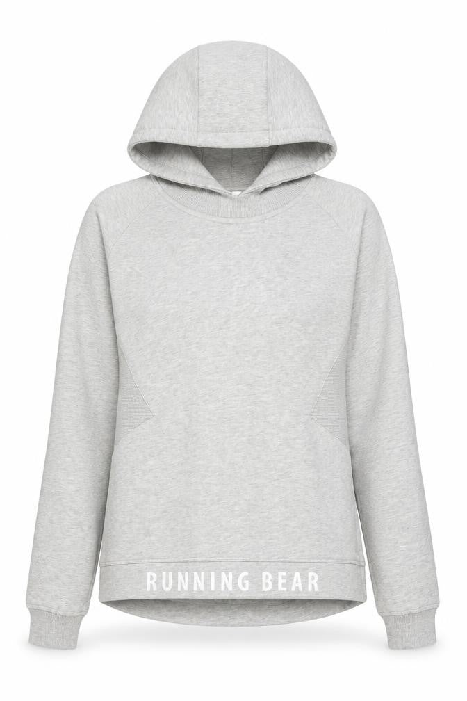 Front view of Running Bear women’s grey cotton pullover hoodie, size S, pullover